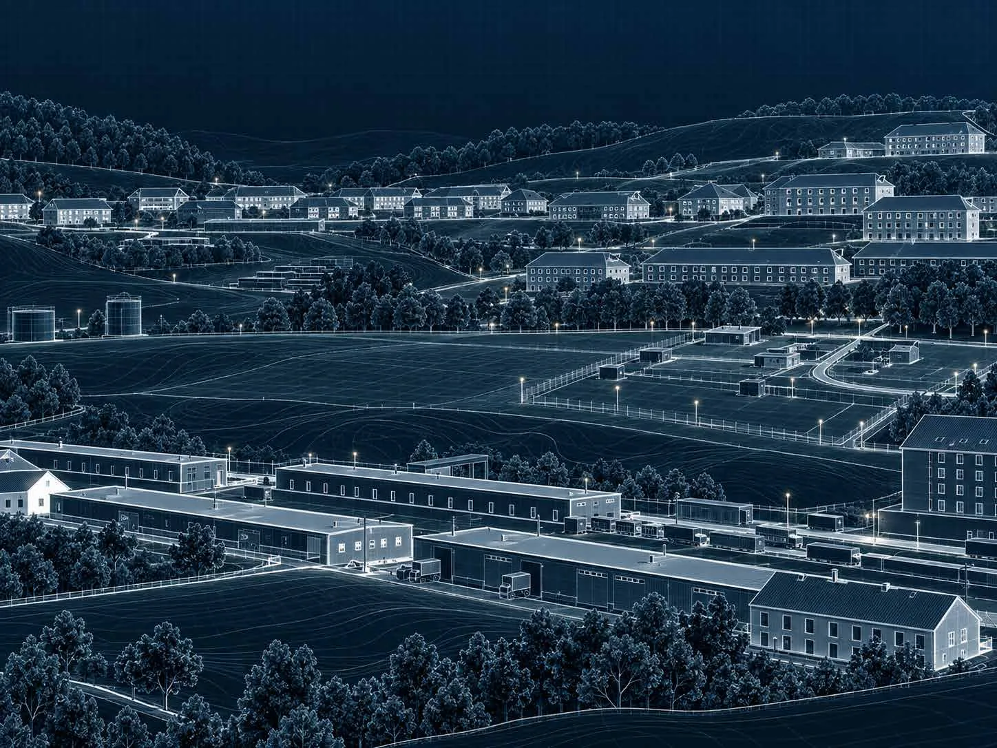 Blueprint-style night render of barracks and storage grounds at the Baumholder military base