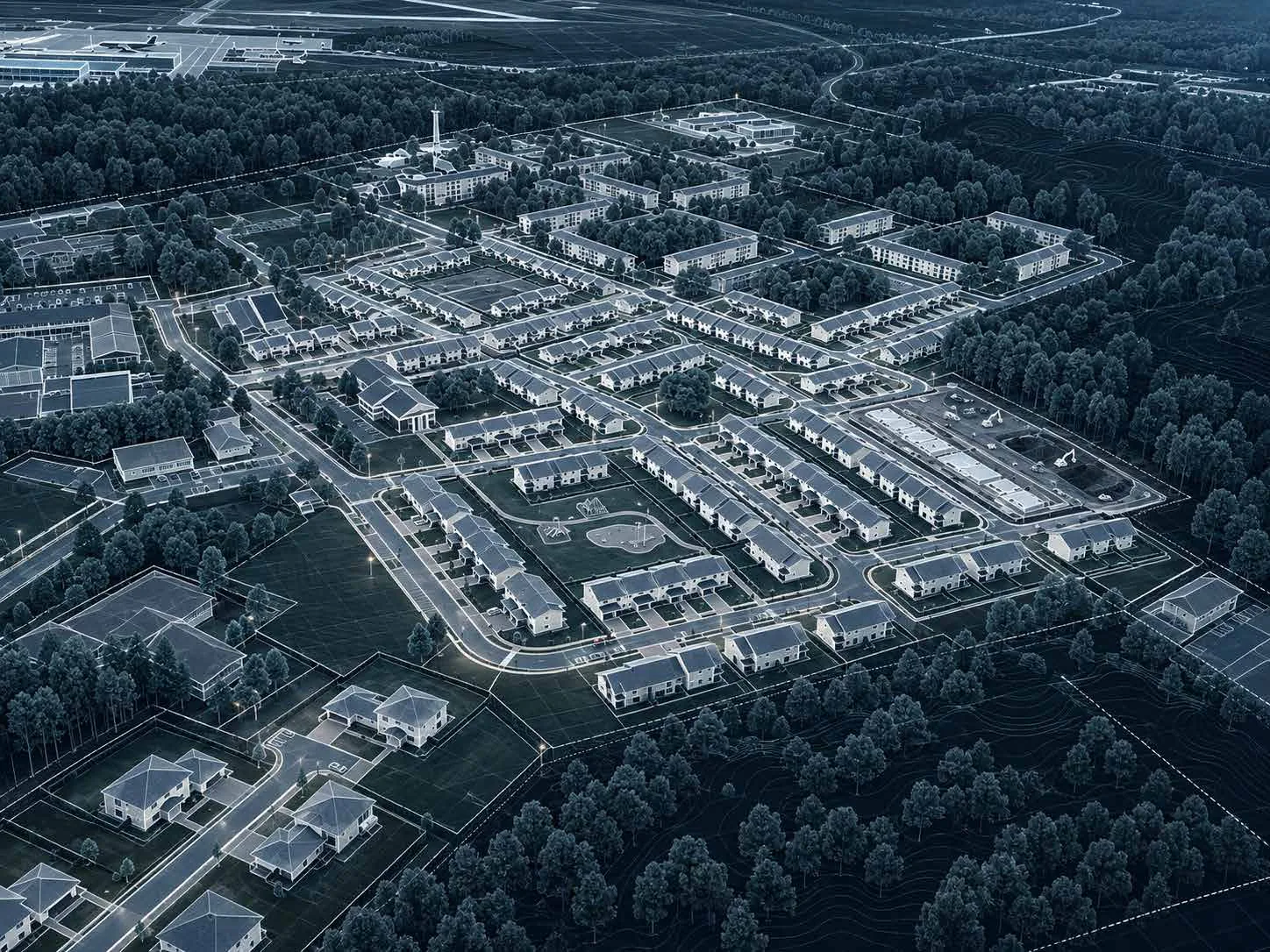Blueprint-style night render of a housing district seen from above at the Kaiserslautern military community
