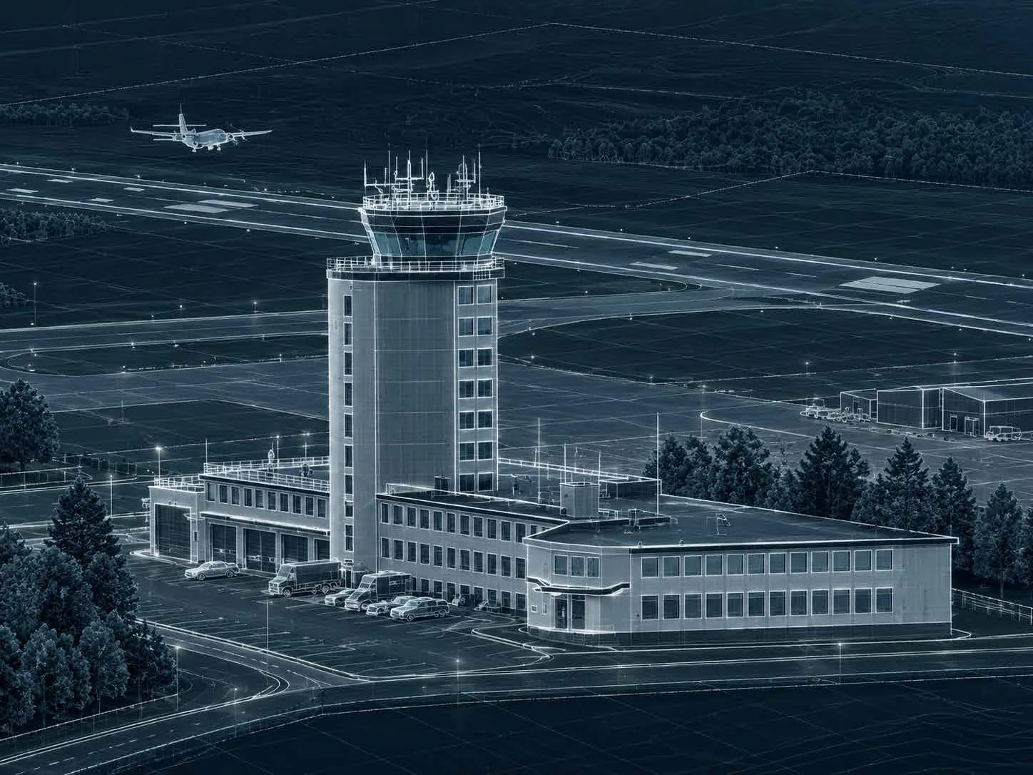 Blueprint-style night render of an administration building with tower and vehicle halls at Ramstein