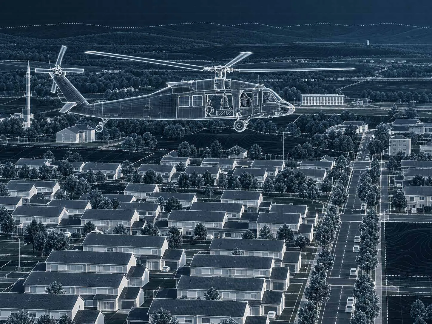 Blueprint-style night render of military family housing in Wiesbaden with an aircraft outline
