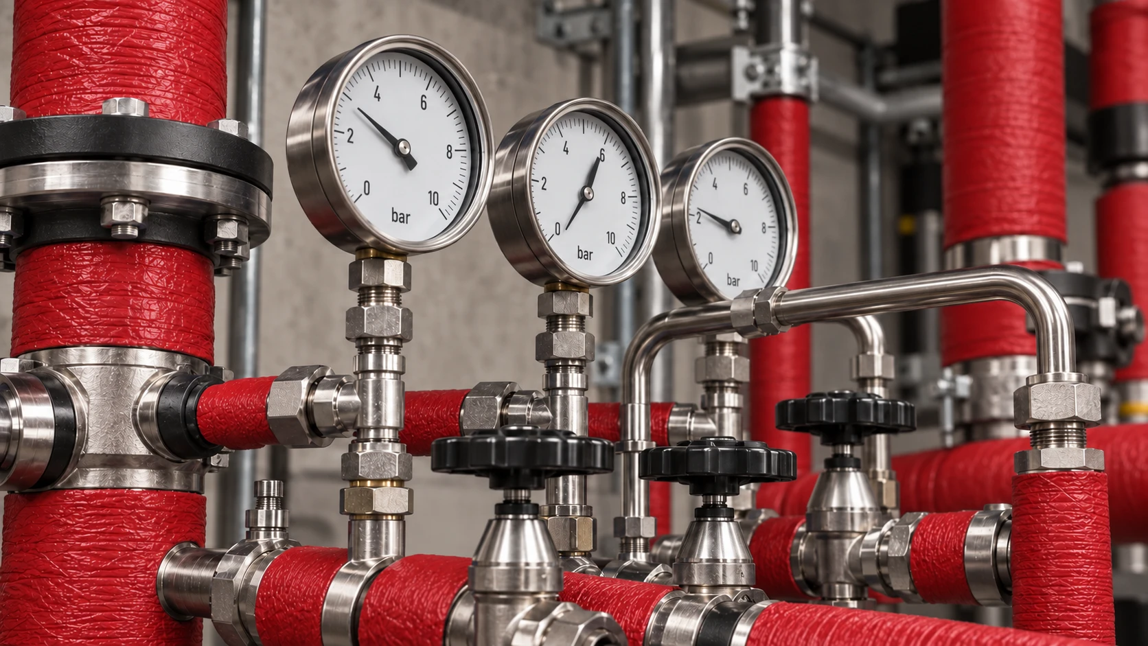 Pressure gauges on insulated heating pipes