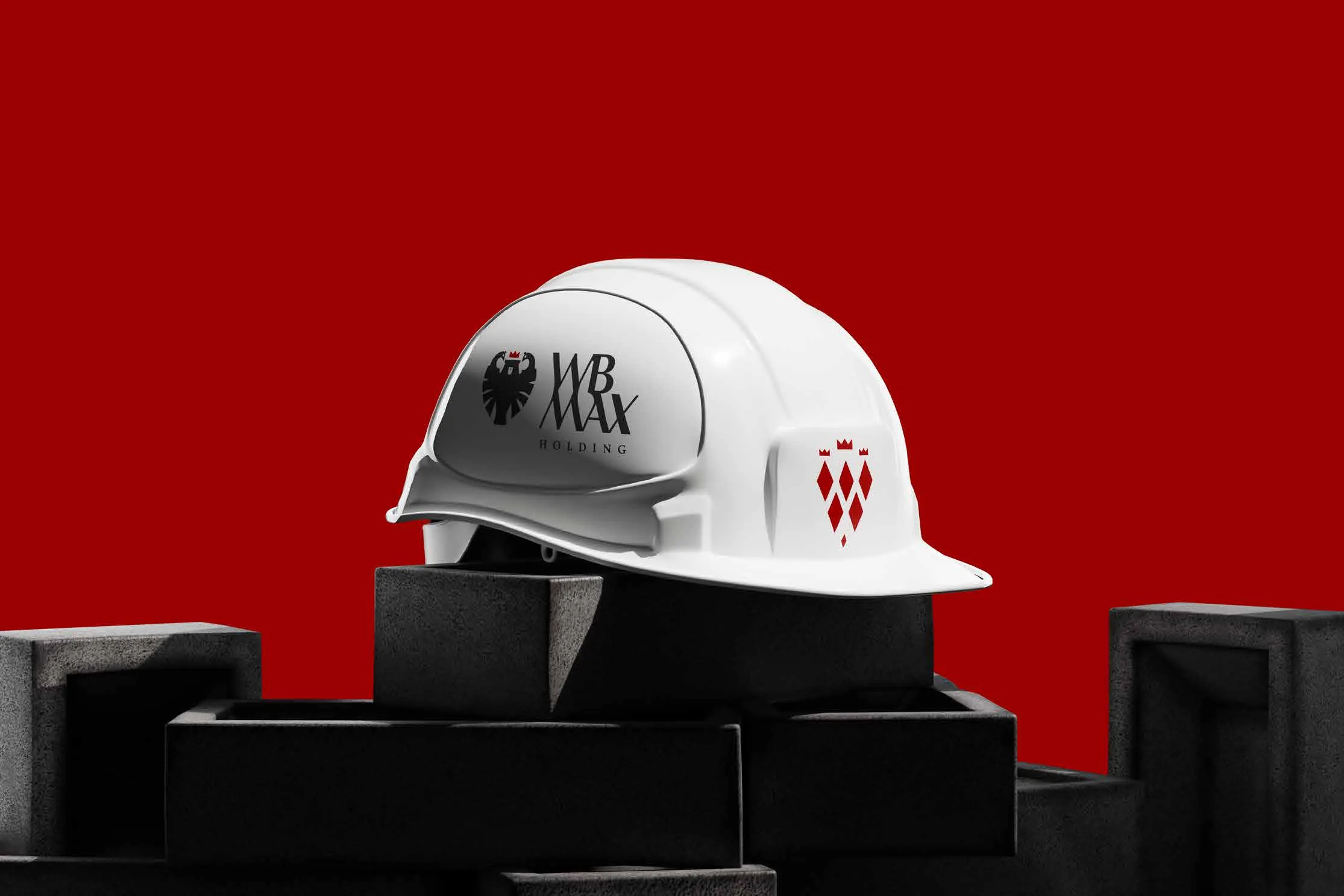 White WB MAX safety helmet on concrete blocks against a red background