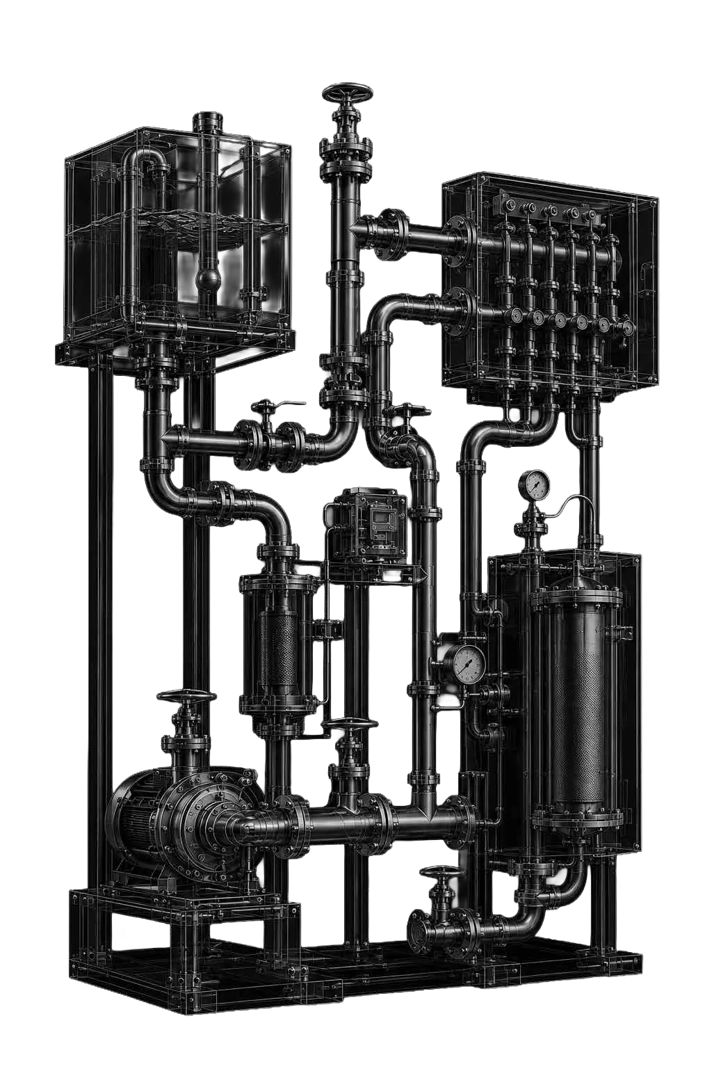 Wireframe drawing of a water supply plant with tanks, pumps and pipework