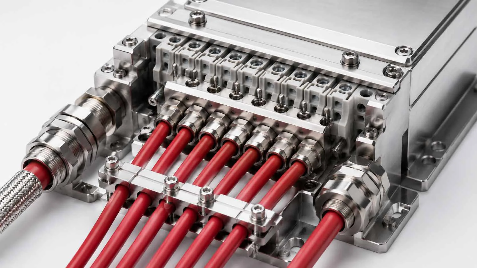 Terminal block with red cables and cable glands