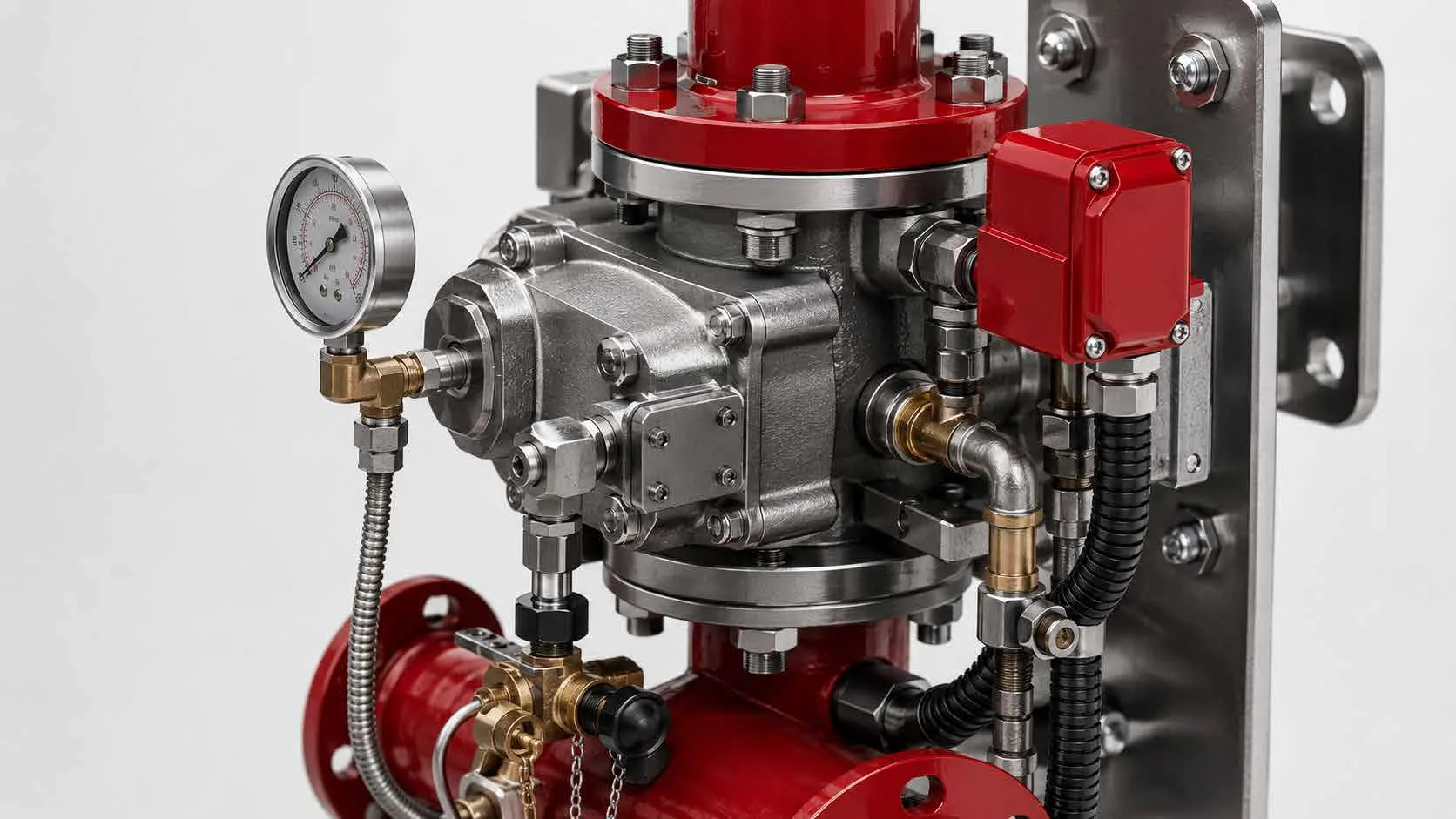 Fire pump valve assembly with pressure gauge