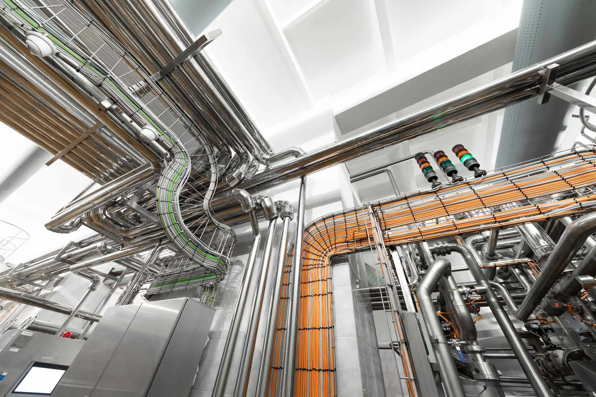 Pipe and cable routes in a plant room